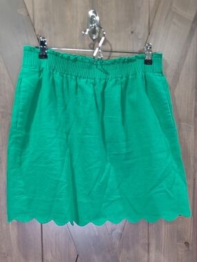 J. Crew Cotton Linen Kelly Green Scalloped Hem Mini Skirt Pockets 8